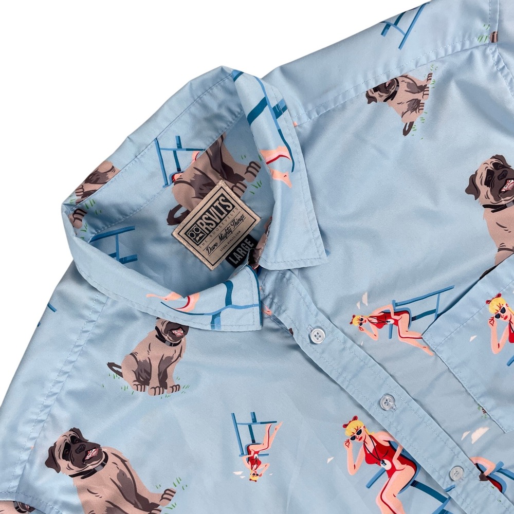 RSVLTS Shirt Mens L Blue Dog Lifeguard Print Dare Mighty Things Short Sleeve